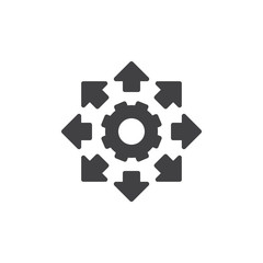 Setting gear and arrows vector icon. filled flat sign for mobile concept and web design. Move arrows simple solid icon. Symbol, logo illustration. Pixel perfect vector graphics