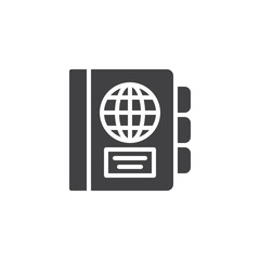 Agenda with globe vector icon. filled flat sign for mobile concept and web design. World travel planner simple solid icon. Symbol, logo illustration. Pixel perfect vector graphics