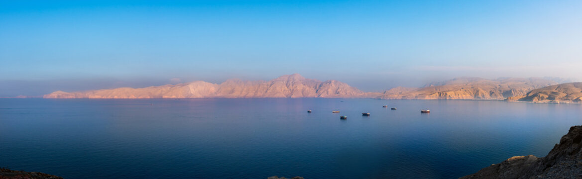 Panorama of Sunset over Fjords near Khasab in Oman