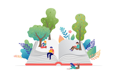 Fototapeta premium Book festival concept - a group of tiny people reading a huge open book. Vector illustration, poster and banner