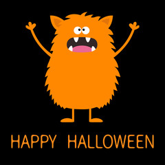 Happy Halloween. Cute orange monster icon. Cartoon colorful scary funny character. Eyes, tongue, fang, ears, holding hands up. Funny baby collection. Black background Isolated. Flat design.
