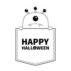 Happy Halloween. Black line contour monster silhouette in the pocket. Holding paw hands.Cute cartoon funny scary spooky character. Baby collection. T-shirt design. White background. Flat design.