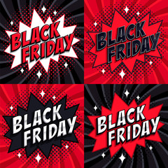 Black Friday sale set. Comic style banners. 4 Black friday inscription on black and red backgrounds. Pop-art comics style web banners, flash animation.