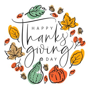 Thanksgiving typography poster. Hand drawn lettering with pumpkins, leaves, acorns and berries. For invitations, special offer, flyers, banners and more.