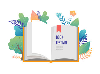 Naklejka premium Book festival concept - a group of tiny people reading a huge open book. Vector illustration, poster and banner