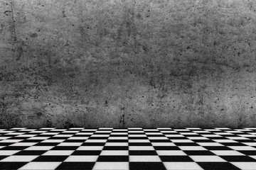 room with gray concrete wall and chess floor