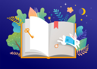 Obraz premium Book festival concept - a group of tiny people reading a huge open book. Vector illustration, poster and banner