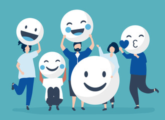 Obraz na płótnie Canvas Characters of people holding positive emoticons illustration