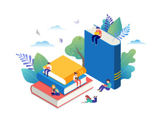 Obraz premium Book festival concept - a group of tiny people reading a huge open book. Vector illustration, poster and banner