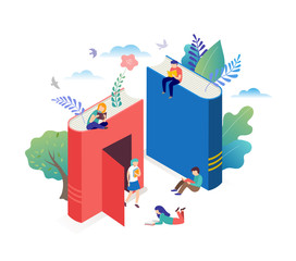 Fototapeta premium Book festival concept - a group of tiny people reading a huge open book. Vector illustration, poster and banner