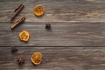 Spices on the wooden background. Flat lay, top view, copy space