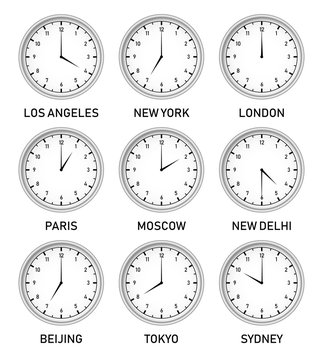 Clocks with different time zones in different big cities of the world vector