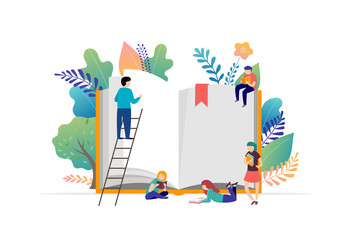 Naklejka premium Book festival concept - a group of tiny people reading a huge open book. Vector illustration, poster and banner