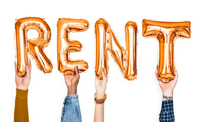 Orange alphabet balloons forming the word rent