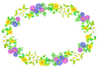 水彩風の花の楕円フレーム(ノースポール,アフリカンデージー,メランポジウム)