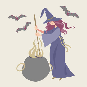 Fairy tale character in cartoon style. Witch brews a potion