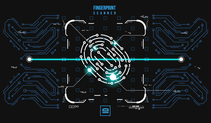 Finger-print Scanning Identification System. Biometric Authorization and Business Security Concept. Illustration with futuristic HUD UI elements.