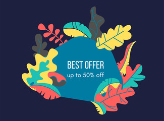 Beautiful floral vintage style badge or label. Badge, emblem with leaves and decorative plants. Template for sale banner.