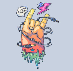 Brutal hand, rock music. Cartoon illustration for web and print.