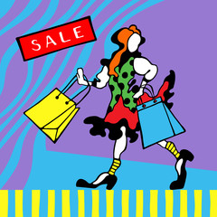 Figure of happy readhead girl with shopping bags on a graphic background. Sale card. Vector illustration.