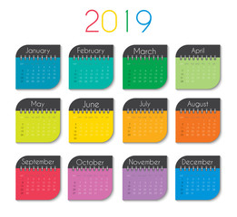 Colorful year 2019 calendar template. Vector Illustration