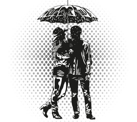loving couple standing with umbrella in the pouring rain