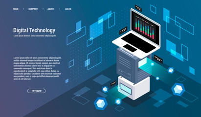 Computation of big data center, information processing, database. internet traffic routing, server room rack isometric vector technology