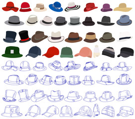 white background, men's and women's hat, set - obrazy, fototapety, plakaty