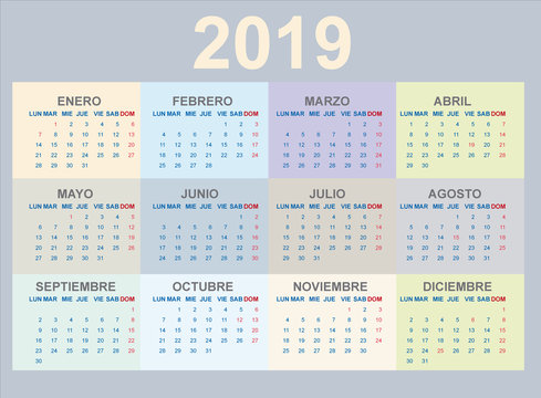 Calendario 2019 en español (Colores pastel)