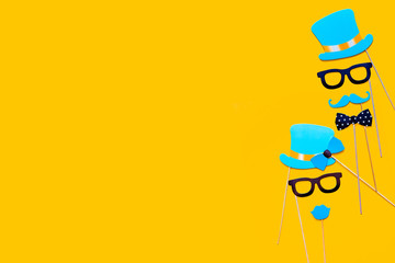 accessories made of paper, hats, glasses, masks, crowns, lips and mustaches