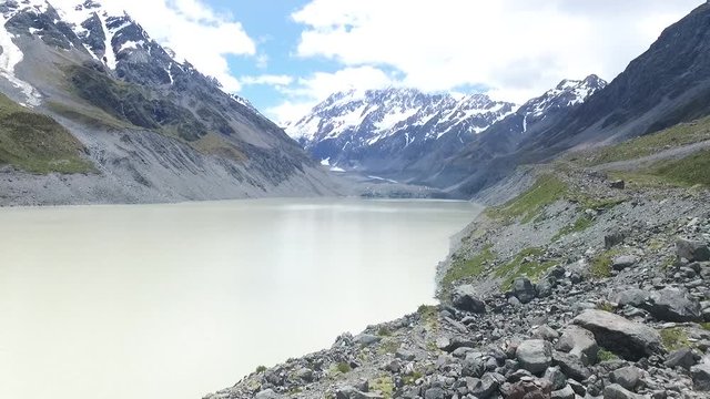 HD Drone aerial Fox glacier, lake, New Zealand
