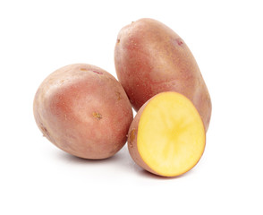 raw potato tuber with slices isolated on white