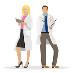 Two doctors in white coats. Medical vector illustration.