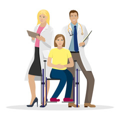 Two doctors in white coats next to a disabled girl in a wheelchair. Medical vector illustration.