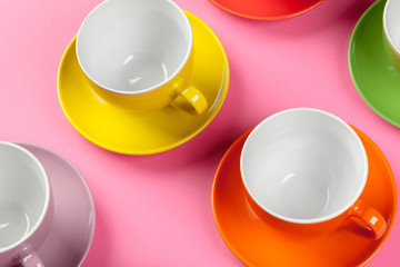 Flat lay view  coffee or tea cup on color background