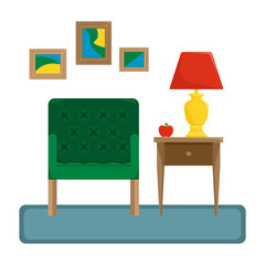 Flat vector illustration. The interior of the living room. Armchair with wall lamp on the nightstand. Recreation area. An isolated figure.