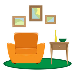 Flat vector illustration. The interior of the living room. Armchair with vases on the table. Recreation area. An isolated figure.