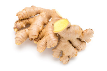 Ginger bio and lemon on white background.