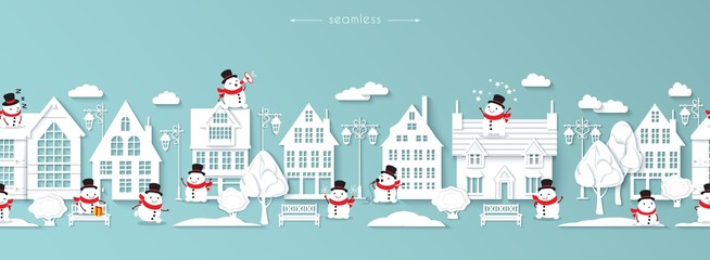 Winter street, Scandinavian style buildings, snowmen, papercut, seamless, vector