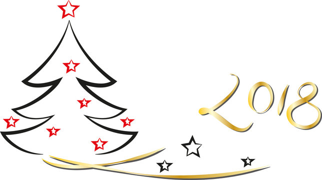 Frohe Weihnachten 2018, xmas, x-mas, Weihnachtsbaum mit roten Sternen, Kalligrafie, Silhouette Tannenbaum