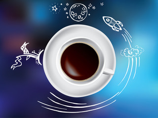 Coffee cup concept - hot coffee mug with space and science doodle infographics. Rocket, planet and Earth with coffe break