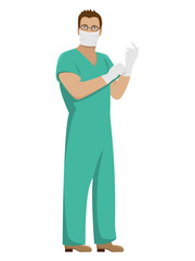 Man doctor in working uniform in sterile gloves and mask. Medical vector illustration.