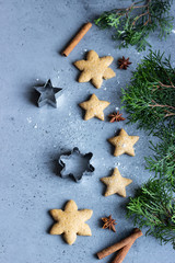 Traditional Christmas gingerbread cookies and juniper branch with Christmas decor on grey concrete background. Copy space for text.