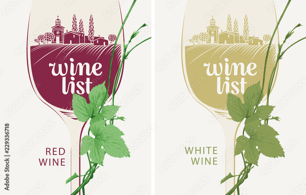 Wall mural Set of two covers for the wine list of the restaurant menu for red and white wine. Vector illustration with landscape of vineyards and villages in the wine glass with the inscription and vine