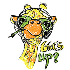 Giraffe vector illustration for t-shirt. Portrait of safari giraffe in funny glasses