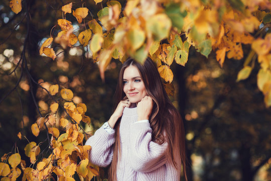 Young woman in warm sweater on autumn background