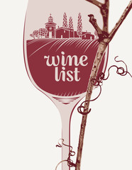 Cover for the wine list of the restaurant menu. Vector illustration with landscape of vineyards and villages in the wine glass with the inscription and a dry grapevine