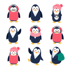 Vector collection of cute penguins isolated on white background. Flat icon design. Vector illustration.