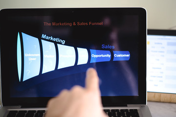 Sales funnel (Marketing concept) shown on a computer monitor during a business meeting (blue color)