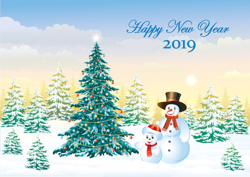 Happy New Year 2019. Greeting card with Christmas tree and snowmen on the background of a beautiful winter